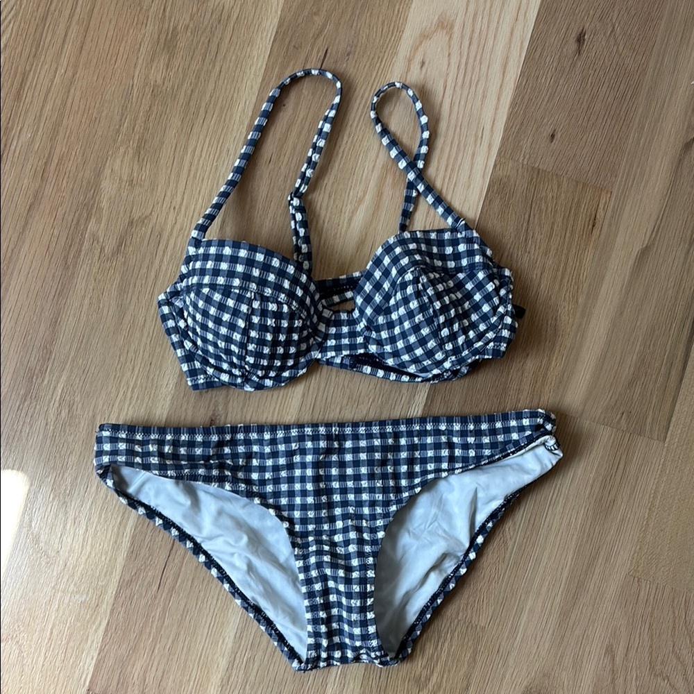 J Crew Navy and White Gingham Bikini Set